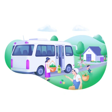 A white bus is parked at a quaint rural village. The bus doors are open, and a few locals are gathering around the entrance. Some villagers are wearing traditional clothing, while others are casually dressed. A small group of children is playing nearby, and an elderly woman is holding a basket filled with vegetables. In the background, there are small houses with colorful flowers in front of them, and trees lining the street. Gentle hills are visible in the distance, creating a peaceful rural atmosphere.