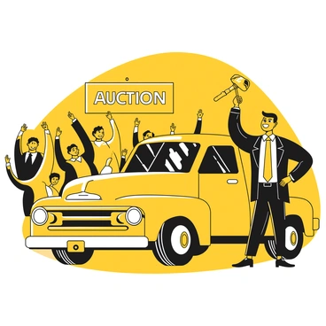 An auctioneer stands confidently beside a classic truck, wearing a suit and a tie. The auctioneer is holding a gavel high in one hand, ready to signal the start of the bidding. The classic truck, an iconic model with a sleek design, is parked prominently in the auction area. The backdrop features a crowd of interested bidders, some raising their hands to place bids. A banner overhead displays the words "Auction Today." The scene captures the excitement of a lively auction atmosphere.