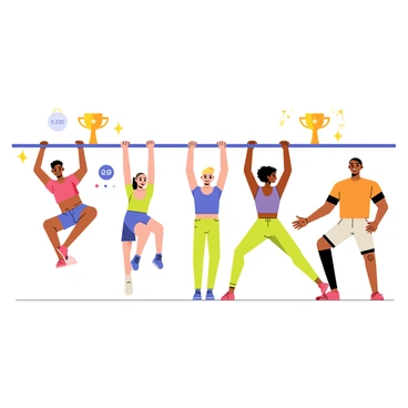 A group of five diverse participants in a virtual fitness competition are performing synchronized dead hangs. Each participant is hanging from a sturdy horizontal bar, showcasing different athletic builds and clothing colors. The first participant has short black hair and is wearing a red tank top and blue shorts. The second participant has long curly brown hair and is dressed in a green sports bra and black leggings. The third participant, with a shaved head, is wearing a blue T-shirt and yellow shorts. The fourth participant has medium-length blonde hair tied back and sports a purple tank top with neon green leggings. The fifth participant, with a buzz cut, is dressed in an orange sleeveless shirt and gray shorts. Each participant's arms are fully extended, and their legs are slightly bent as they focus intently. A digital timer is visible in the corner of the screen, and there are cheering emojis and virtual trophies displayed around the participants.