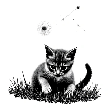 A small gray kitten with bright eyes is crouched down on a patch of grass, its front paws extended forward in anticipation. The kitten's ears are perked up, and its tail is slightly raised, showcasing its playful nature. A delicate dandelion puff is floating gently in the air, just a few inches above the kitten's nose, with tiny seeds trailing behind it. The grass surrounding the kitten is lush and detailed, featuring individual blades that appear soft and inviting. The scene captures the moment of curiosity and playful intent as the kitten focuses intently on the drifting dandelion puff.