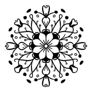 A mandala design composed of intricate mayflower elements arranged in a circular pattern. Each petal is detailed with fine lines and swirling vines that flow harmoniously around the center. Smaller mayflower buds are interspersed throughout the design, creating a balanced and symmetrical look. The overall illustration emphasizes the complexity of the mayflower shapes, with layers of petals overlapping and intertwining. The background features subtle geometric shapes that enhance the mandala's structure without overpowering the floral details.