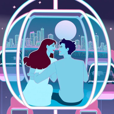 A couple sharing a romantic moment at the top of a Ferris wheel. The man has short dark hair and is wearing a light blue shirt, while the woman has long wavy brown hair and is dressed in a flowing white summer dress. They are seated in a glass gondola with a panoramic view of a vibrant city skyline illuminated by colorful lights. The couple is gazing into each other's eyes, smiling softly, with the moon casting a gentle glow around them. In the background, other gondolas are visible, and the night sky is dotted with stars.