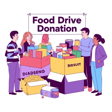 A group of local businesses is represented by several individuals standing next to large, colorful boxes filled with food items. The boxes are stacked neatly, with visible labels indicating the names of the businesses. Each box has a variety of food items, including canned goods, pasta, and rice. The individuals are smiling and interacting, creating a sense of community involvement. In the background, there is a banner that reads "Food Drive Donation" in large letters. The scene is filled with a warm, inviting atmosphere.