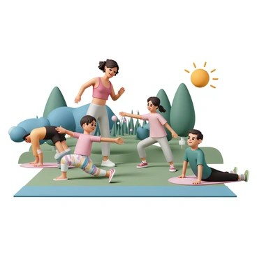 A family consisting of four members is working out together in their backyard. The father, wearing a blue tank top and black shorts, is demonstrating a push-up. The mother, in a red sports bra and gray leggings, is stretching beside him. A young girl, wearing a pink t-shirt and colorful shorts, is performing jumping jacks, while a teenage boy, dressed in a green t-shirt and black joggers, is doing sit-ups on a yoga mat. The backyard is green and well-maintained, with a few trees and a colorful garden in the background. The sun is shining, creating a bright and energetic atmosphere.