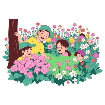 A group of children is playing hide-and-seek in a field filled with a multitude of colorful wildflowers. One child, wearing a bright yellow shirt, is counting with their eyes closed while leaning against a tall tree. Several other children are scattered throughout the field, each attempting to find a perfect hiding spot among the vibrant flowers. A child with a teal cap is crouched behind a cluster of pink blooms, peeking out with a playful expression. Sunlight shines down, illuminating the vivid colors of the flowers, creating a lively atmosphere filled with laughter and excitement.