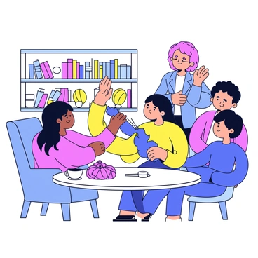 A skilled knitter with long, dark hair is sitting in a comfortable armchair, surrounded by a small group of attentive people. The knitter is holding a pair of knitting needles and a ball of yarn in a vibrant color. There are colorful skeins of yarn displayed on a table nearby. The setting features a warm, inviting atmosphere with soft lighting and a bookshelf filled with various crafting books in the background. The group members are leaning forward, showing interest as they watch the knitter demonstrate the new pattern. A cup of steaming tea sits on the table, adding to the cozy vibe.