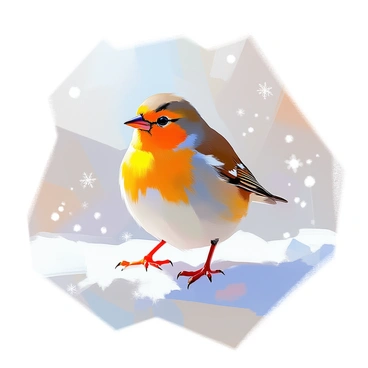 A small finch with vibrant yellow feathers and a delicate beak stands prominently in the foreground. The bird is perched on a patch of snow, its bright coloration contrasting sharply against the white snowy backdrop. Tiny footprints can be seen in the fresh snow leading up to where the finch stands, detailing its movement through the wintry scene. Fluffy snowflakes gently drift down in the background, adding to the tranquil atmosphere of the snowy environment.