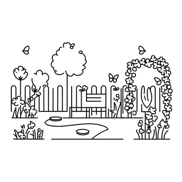 A garden filled with various flowers in full bloom, each with distinct shapes and sizes. Butterflies are seen fluttering gracefully around the flowers, their wings spread open as they move from one blossom to another. The garden is surrounded by a low wooden fence, and in the background, there are leafy trees providing shade. A winding stone pathway meanders through the garden, leading to a small bench positioned under a flowering trellis.
