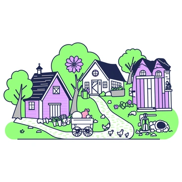 A rural village is depicted with traditional wooden houses arranged along narrow, winding cobblestone streets. The houses feature sloping roofs and wooden beams, showcasing various textures and details. Lush greenery surrounds the village, with trees lining the paths and flowers blooming in front of the houses. A small garden with vegetables and herbs is visible beside one of the homes. In the foreground, a wooden cart is parked beside a stone well, with a few chickens pecking at the ground nearby. The scene captures a quiet, everyday atmosphere in the countryside.