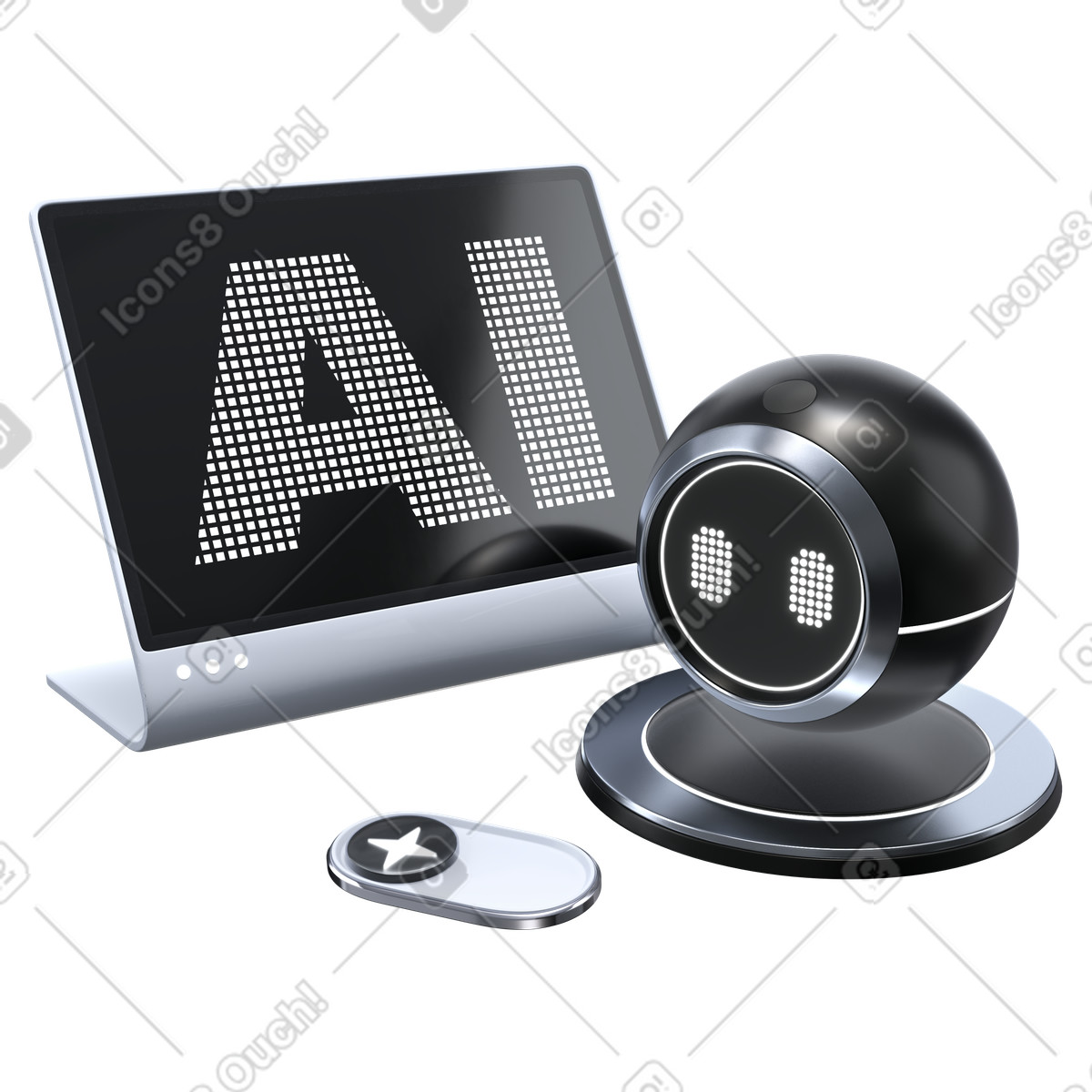AI robot assistant with desktop computer, artificial intelligence and virtual helpdesk illustration in 3D Pro style download in PNG, SVG