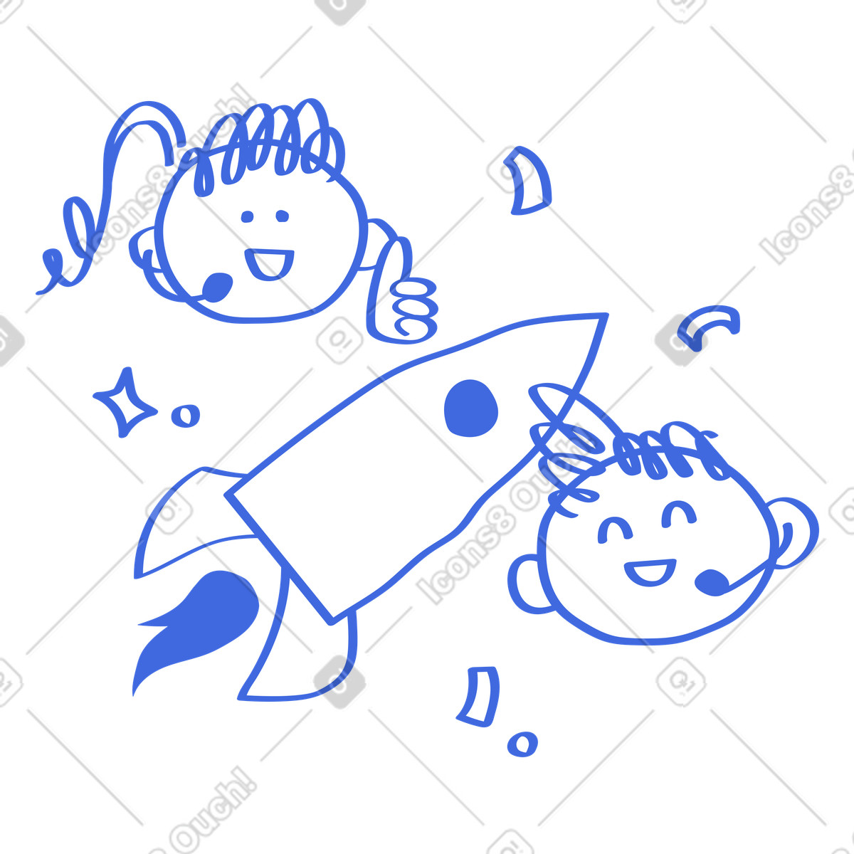 下载 Ballpoint Pen 风格的 Rocket launch with excited teammates wearing headsets and celebrating success 插画，支持 PNG、SVG 格式