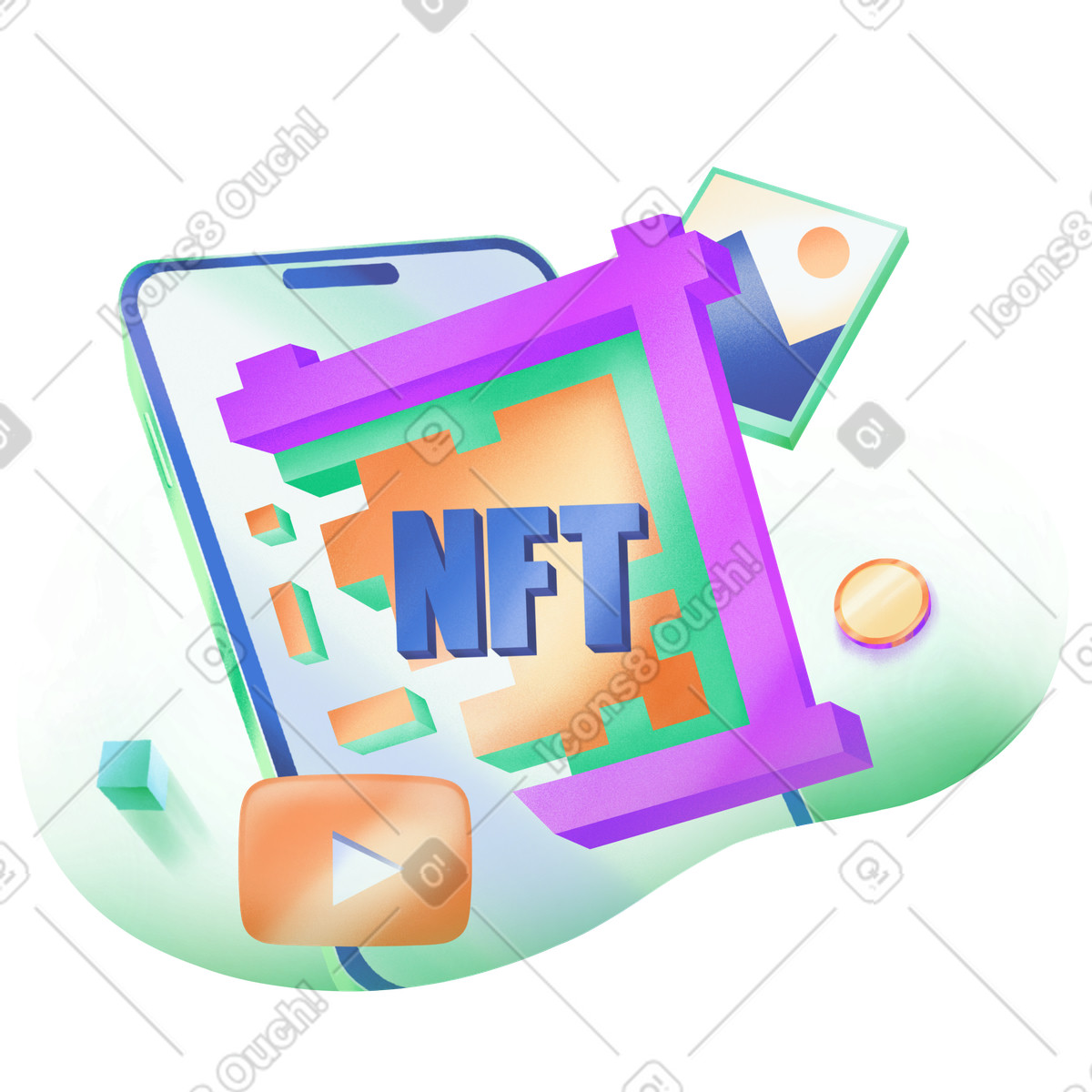 Иллюстрация Торговля nft и крипто-артом на мобильном телефоне в PNG и SVG