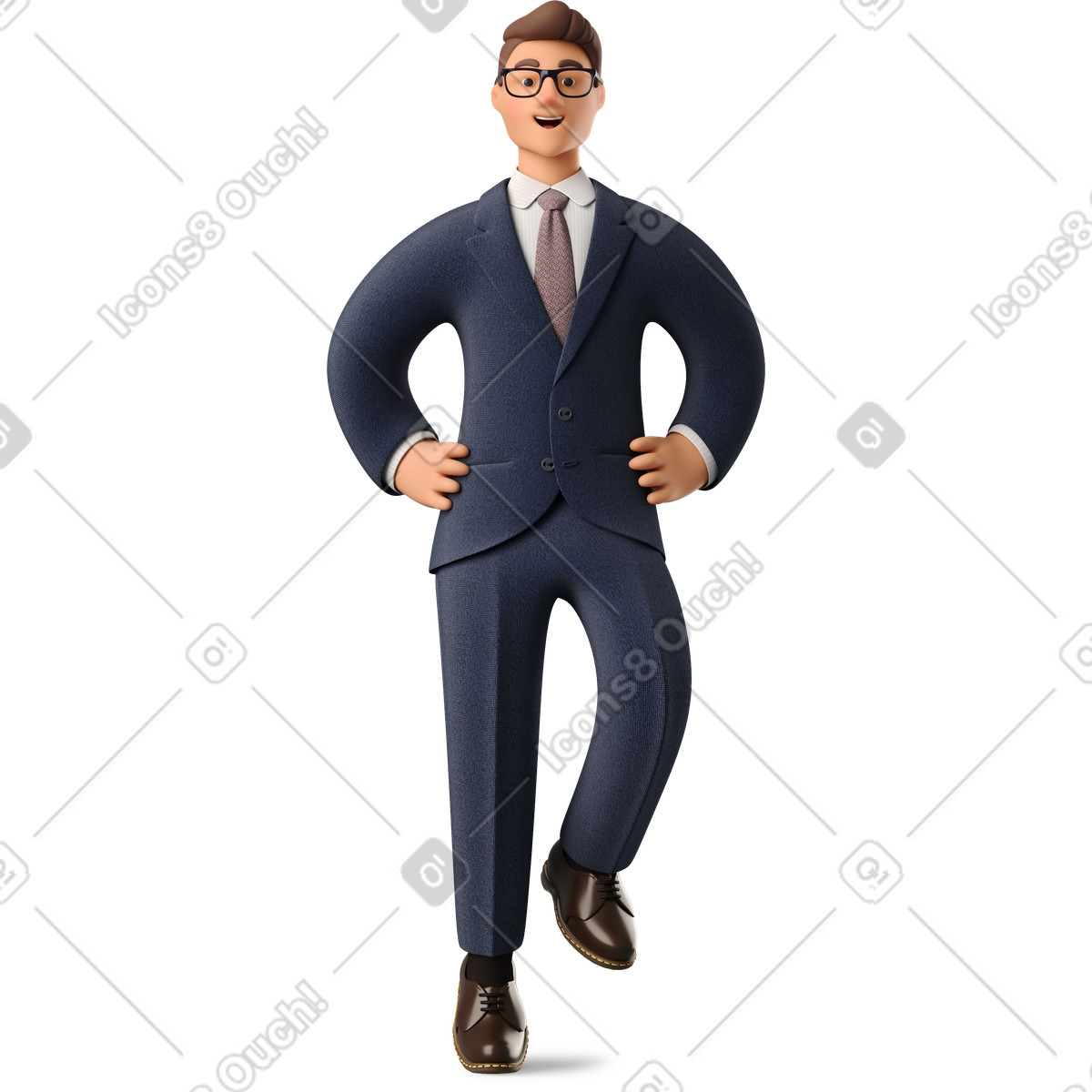 Illustration Homme d'affaires assis avec les mains sur hanches en costume bleu foncé dans le style 3D Business à télécharger aux formats PNG, SVG