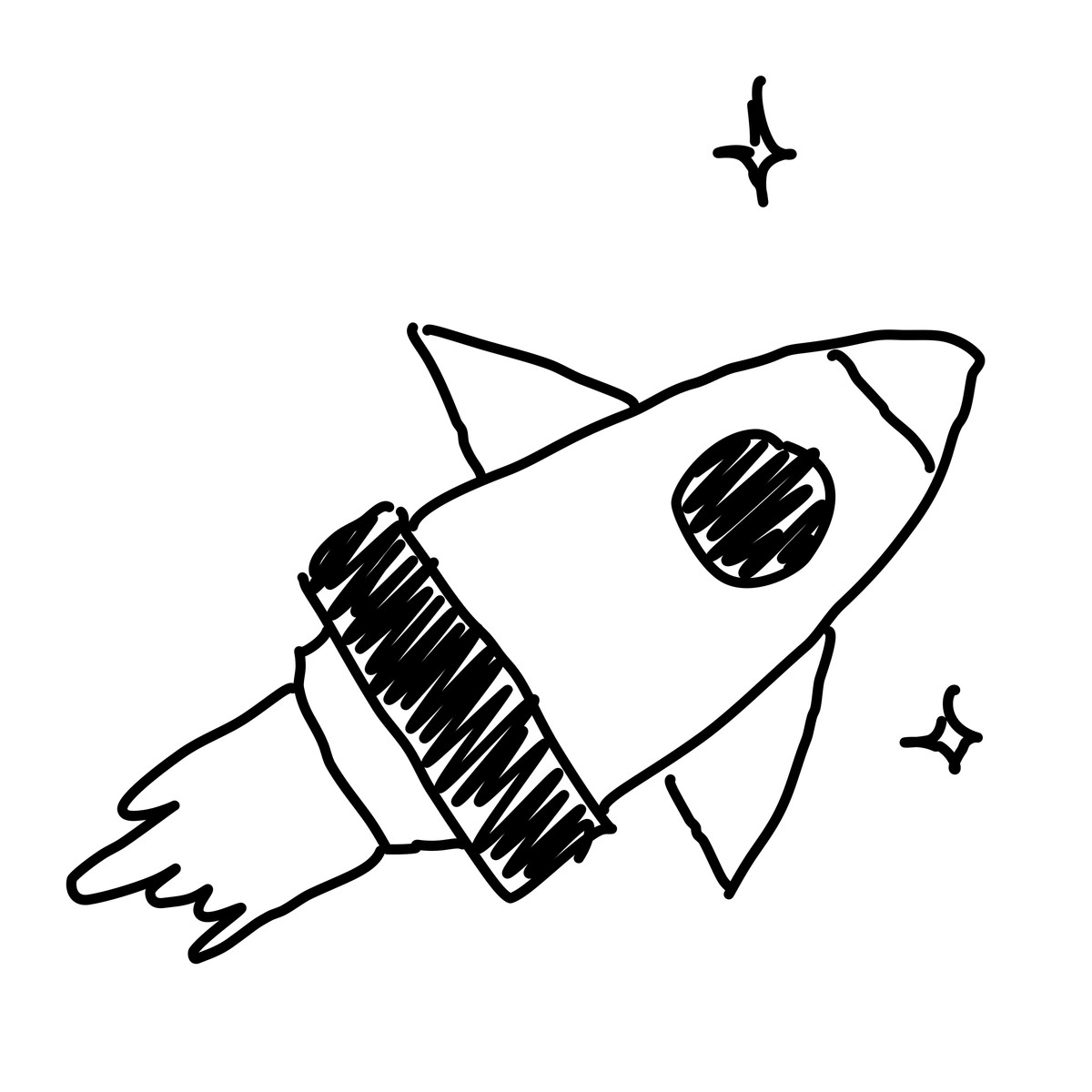 Ilustração de Rocket spaceship doodle flying with stars and flame trail em no estilo Rough Sketch para baixar em PNG, SVG