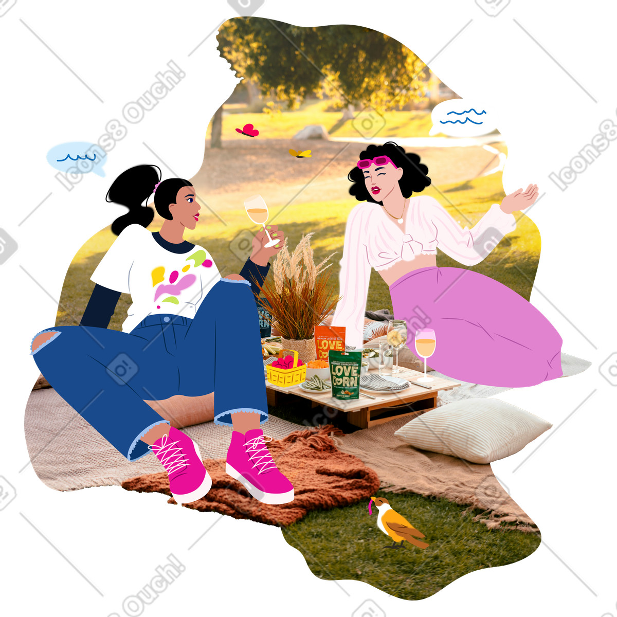 Junge frauen bei einem picknick im park-Illustration Everyday-Stil als Download in PNG, SVG