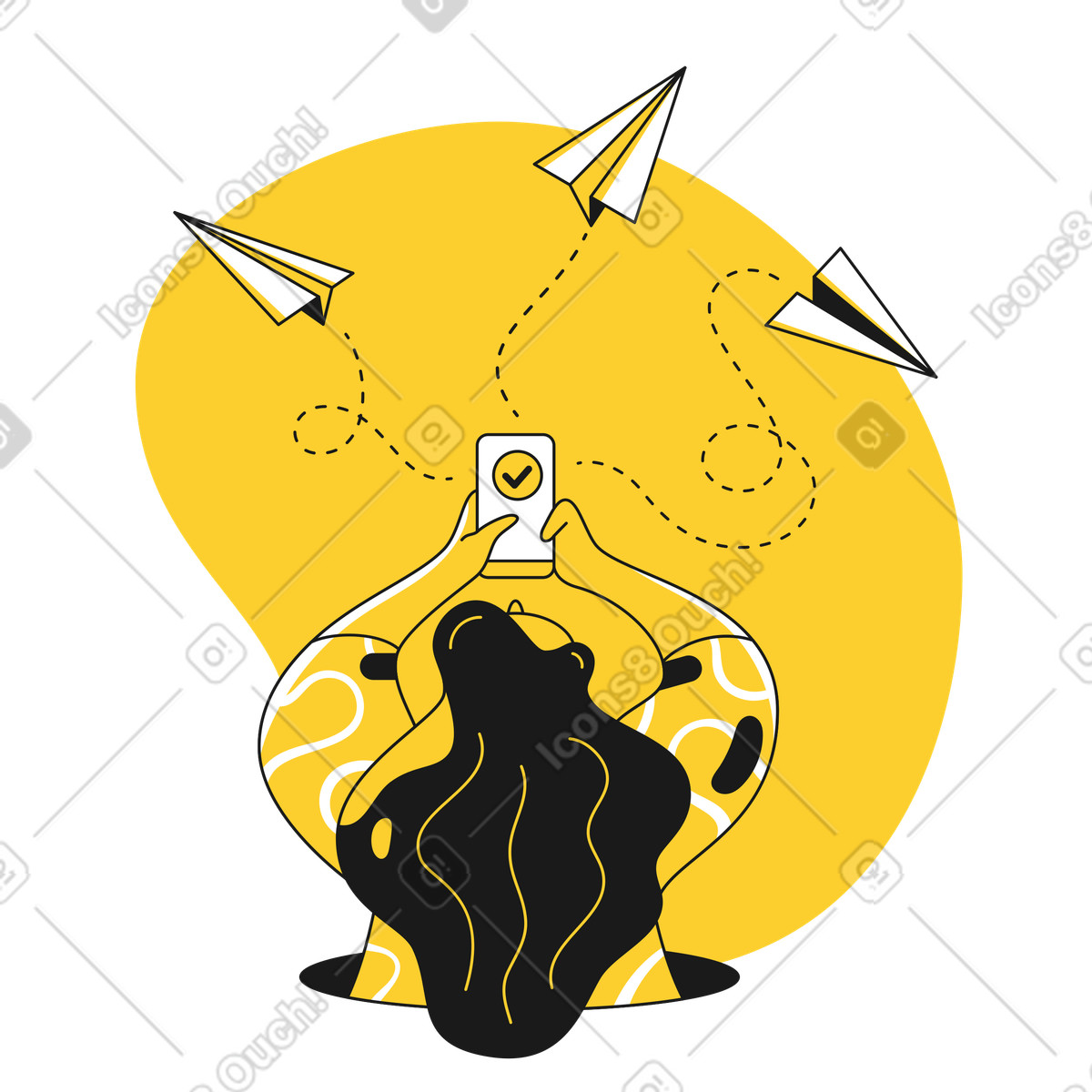 Paper planes flying out of user's smartphone, Online messaging and modern communication illustration in Taxi style download in PNG, SVG