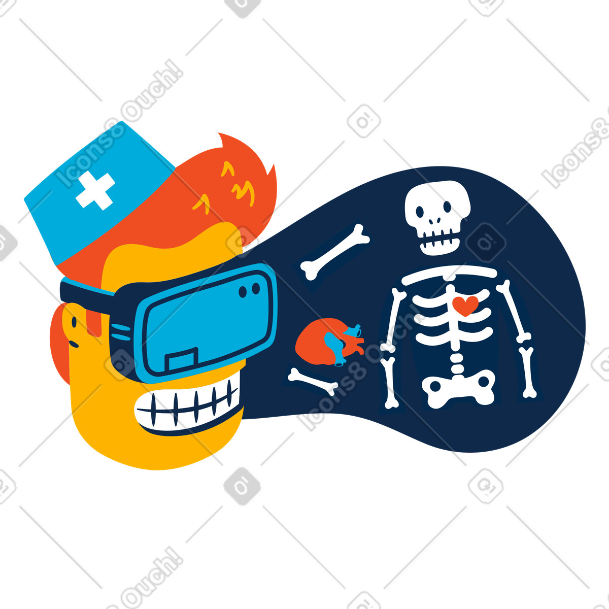 Medico che usa un visore vr per esaminare uno scheletro illustrazione in stile Flame scarica in PNG, SVG