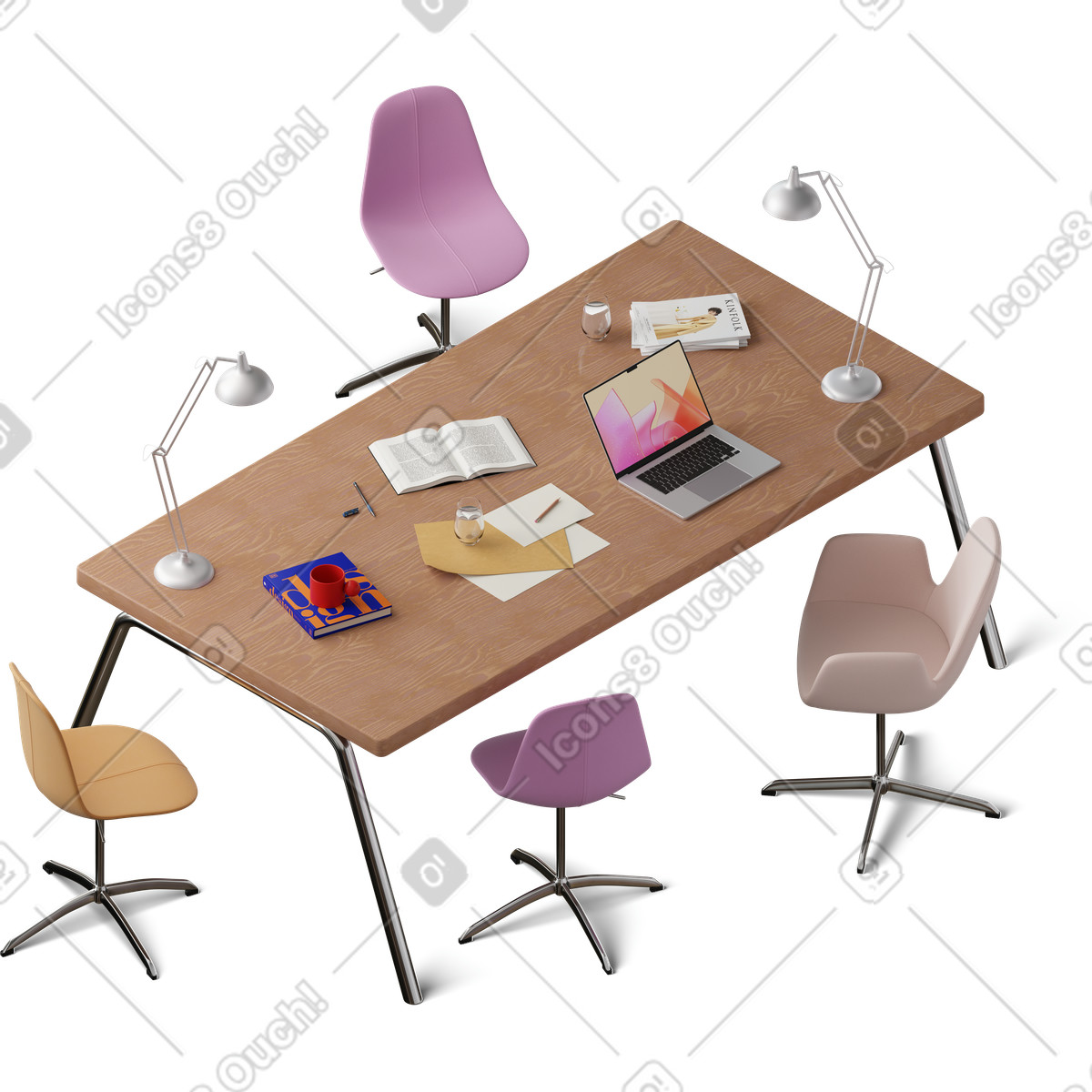 Isometric view of an office desk illustration featuring a laptop and project files clipart in PNG SVG GIF