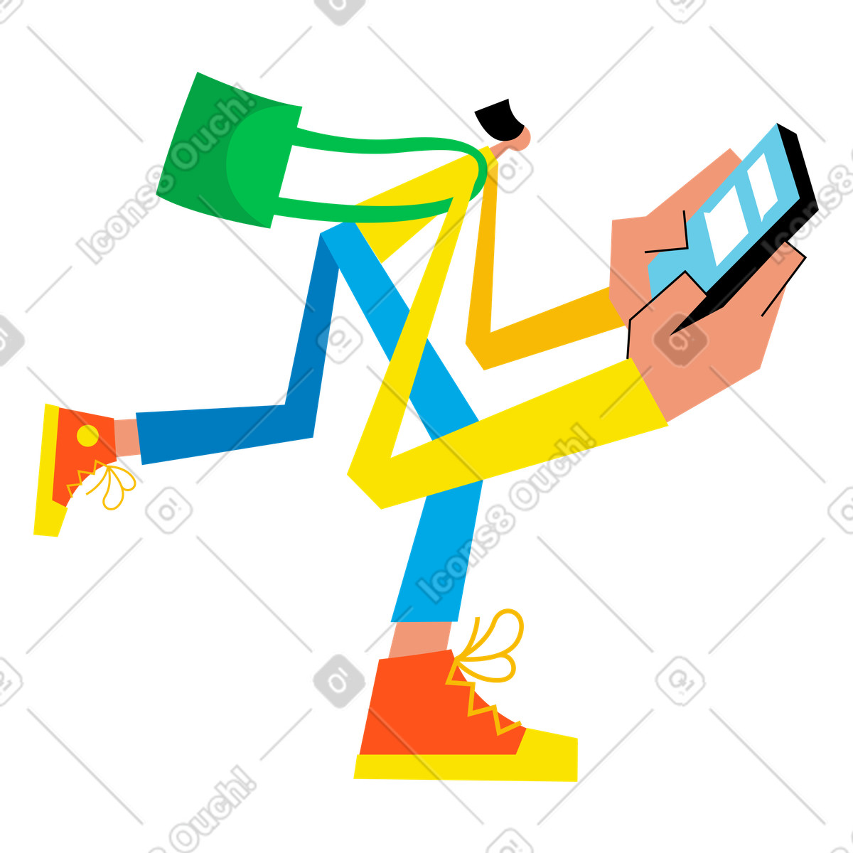 Ilustración animada Hombre enviando mensajes desde su teléfono en estilo Warp a descargar en GIF, Lottie (JSON), AE
