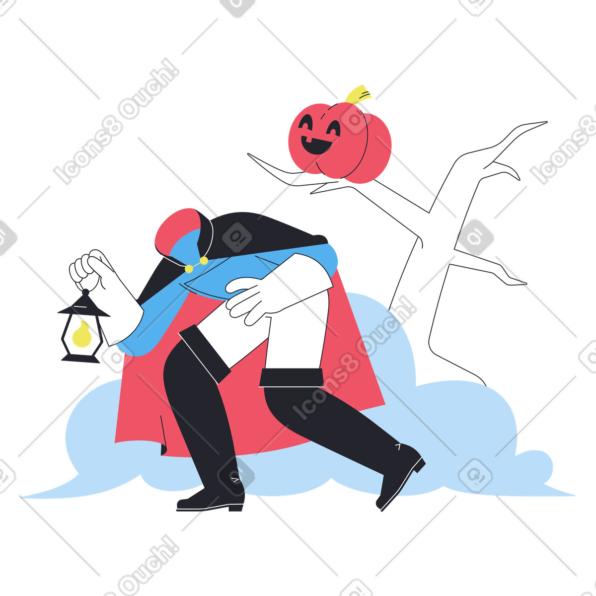 Illustration Cavalier sans tête avec de citrouille dans le style Boba à télécharger aux formats PNG, SVG