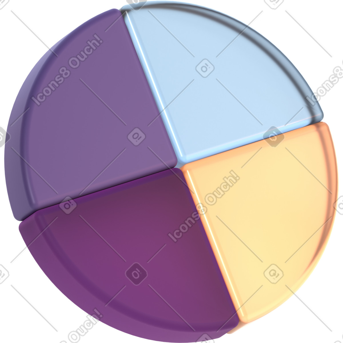 Ilustración Gráfico circular con cuatro partes iguales en estilo 3D Glassy a descargar en PNG y SVG