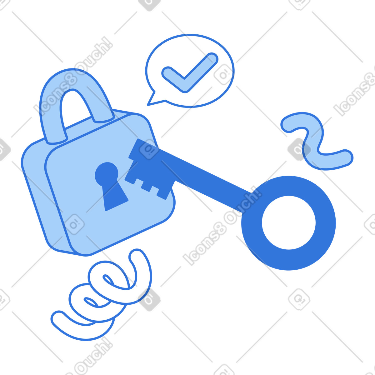 Lock and access key with check mark, verification data protection illustrazione in stile Sky scarica in PNG, SVG