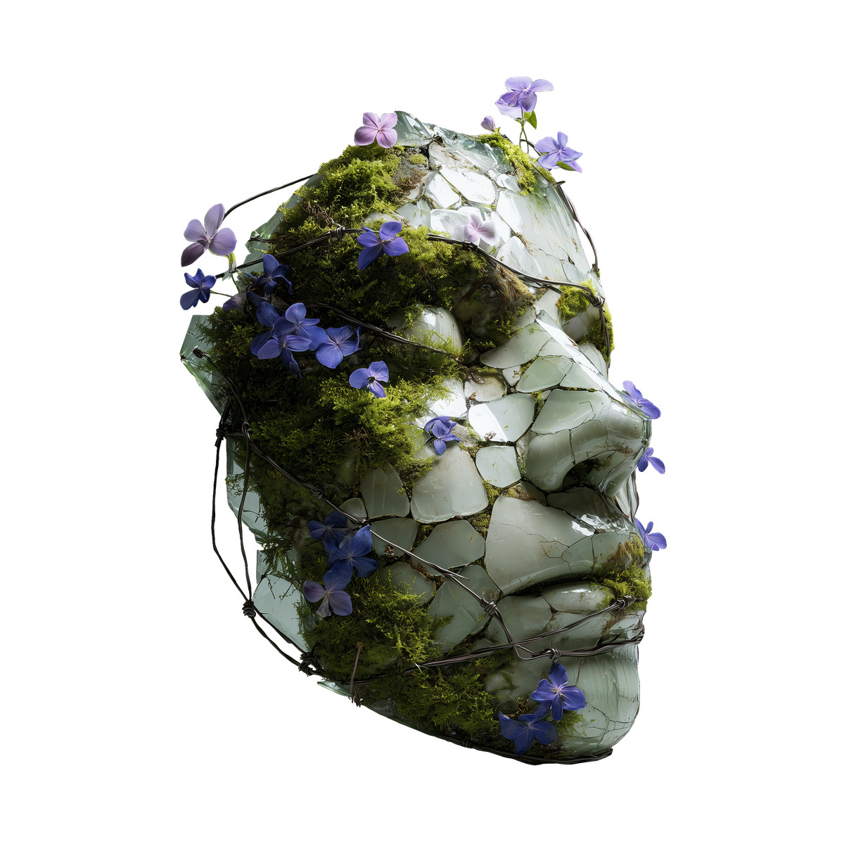 Stone mosaic face with moss and flowers, Environmental renewal illustration in Biomorphic style download in PNG, SVG