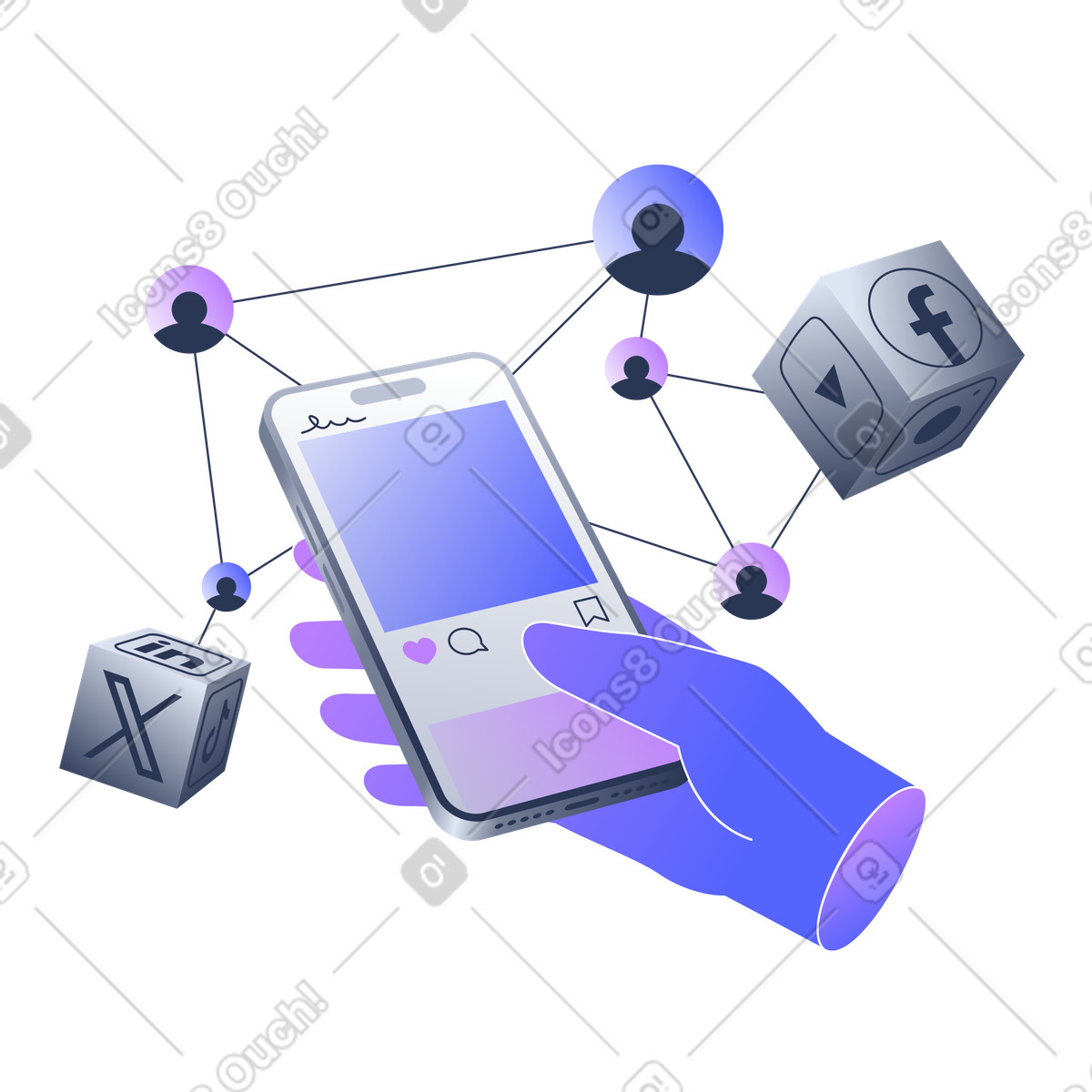 Ilustración Las redes sociales se transmiten en los teléfonos inteligentes y la red de usuarios estilo Lucent a descargar PNG SVG