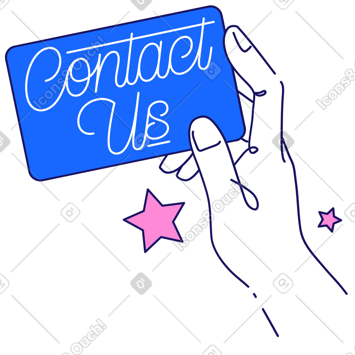 Lettering Contact Us with card in hand text illustration Matey style download PNG, SVG
