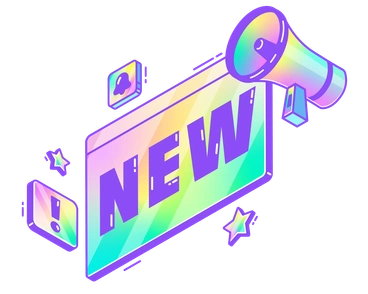 A megaphone announcing 'NEW' with colorful accents - Holographic style illustration
