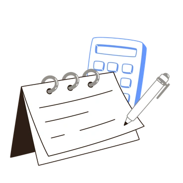 A calendar, calculator, and pencil - Plain style illustration