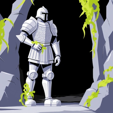 A stone statue of an armored guardian protecting the entrance of a mystical cave