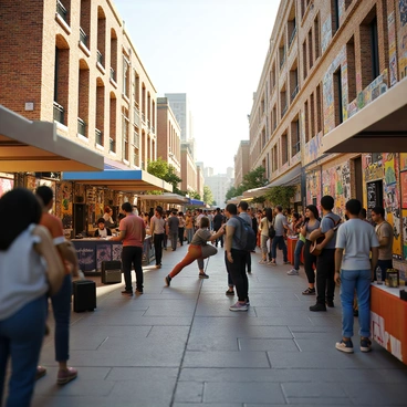 An urban street art market filled with vibrant and colorful graffiti covering the walls of nearby buildings. Various street performers are present, including a breakdancer showcasing impressive moves on a portable speaker and a musician playing an acoustic guitar, drawing a crowd around them. People of diverse backgrounds are mingling, some stopping to admire the artwork while others are engaged in conversation. Stalls displaying handmade crafts and artwork are set up along the sidewalk, adding to the lively atmosphere of the market. The sun is shining, casting warm light over the scene, enhancing the colors of the graffiti and the festive vibe.