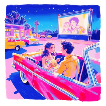 Scott and Ramona are seated in a classic car at a retro drive-in movie theater. The car has a shiny red exterior with chrome details and is parked in front of a large outdoor screen displaying a black-and-white movie. Scott, wearing a casual plaid shirt, has a smile on his face as he leans slightly toward Ramona. Ramona, dressed in a vintage floral dress, is laughing and holding a bag of popcorn. The background features colorful neon lights from the movie theater sign and a starry night sky above. Other cars are visible in the distance, adding to the nostalgic atmosphere of the scene.