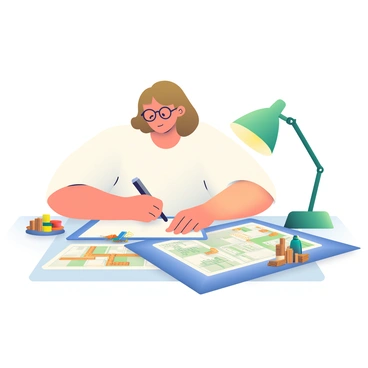 An architect with light brown hair is sitting at a drafting table, sketching plans for new buildings inspired by the game Catan. She is wearing a white shirt and glasses, deeply focused on her work. Around her, various blueprints are spread out, showcasing different designs and layouts for the buildings. A few colorful Catan resources, like wooden roads and settlements, are scattered on the table, providing visual inspiration. A green drafting lamp is illuminating her workspace, casting soft light over the sketches.