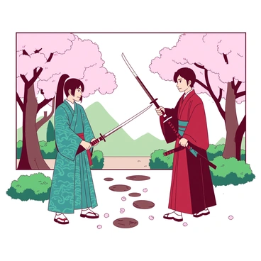 Two anime samurai are standing opposite each other in a traditional Japanese garden. One samurai, wearing a vibrant teal kimono with intricate patterns, has a short, sleek sword drawn and is poised for an attack. The other samurai, dressed in a deep red outfit, holds a longer sword with both hands, displaying a focused expression. Around them, cherry blossom trees are in full bloom, with petals gently falling to the ground. A small stone path leads between them, bordered by neatly trimmed bushes, enhancing the intense standoff moment.