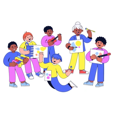 A group of children is gathered in a park, with some playing musical instruments. One child is playing a colorful xylophone, while another is strumming a bright red ukulele. Nearby, a different group of kids is engaged in painting on large sheets of paper with vibrant brushes. The painters are moving their brushes in sync with the music, creating bold strokes of color against the white sheets. The scene is lively with laughter and creativity, filled with the energy of both music and art.