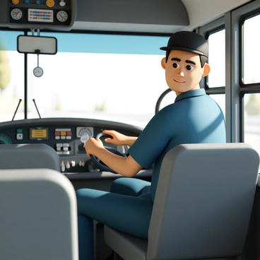 A bus driver, wearing a navy blue uniform and a black cap, is sitting in the driver's seat inside the cabin of the bus. The driver has a concentrated expression, with his eyes focused on the dashboard controls in front of him. The dashboard is filled with various gauges, buttons, and levers, all brightly lit and clearly visible. The driver's hands are gripping the steering wheel firmly, and the interior of the cabin is furnished with gray upholstery. Sunlight is streaming through the front windows, illuminating the driver's face and the dashboard.