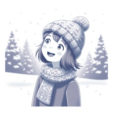 A girl is standing outdoors in a winter setting. She is wearing a "crochet hat" that fits snugly on her head, featuring intricate patterns. Her "matching scarf" is wrapped around her neck, adding warmth to her outfit. Snowflakes are gently falling around her, creating a wintry atmosphere. The girl has a joyful expression on her face as she looks up at the sky, with her hair peeking out from beneath the hat. In the background, there are snow-covered trees and a clear sky.