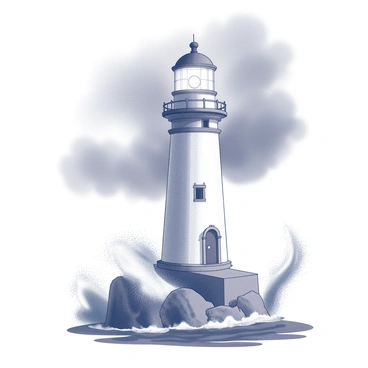 A tall lighthouse stands firm on a rocky cliff. Waves crash violently against the base, sending up sprays of water. The lighthouse is cylindrical, with a bright, round light at the top. Its structure is detailed, featuring a balcony around the light and a sturdy door at the base. The sky above is filled with dark, swirling clouds, hinting at an approaching storm. The scene conveys a sense of strength and resilience against the elements.