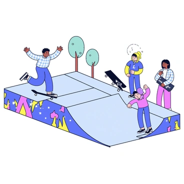 A skateboard park filled with friends engaged in practicing tricks. One friend is performing an ollie, with their skateboard elevated above a ramp. Another friend is grinding along the edge of a rail with a focused expression. In the background, a third friend is watching, holding a skateboard under one arm and cheering them on. The park features colorful graffiti on the concrete walls and ramps, creating a vibrant atmosphere. A few trees can be seen in the distance, adding a touch of greenery to the scene.