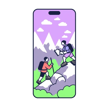 A phone case featuring a dramatic mountain adventure scene. The foreground shows two hikers, one with a red jacket and the other in a blue jacket, climbing a rocky path. They are surrounded by jagged mountain peaks in the background, some capped with snow. The sky above is clear with a few clouds scattered, providing a sense of height. One hiker is looking up towards the summit, while the other is checking a map. At the base of the mountains, there are patches of green vegetation, adding contrast to the rocky landscape.