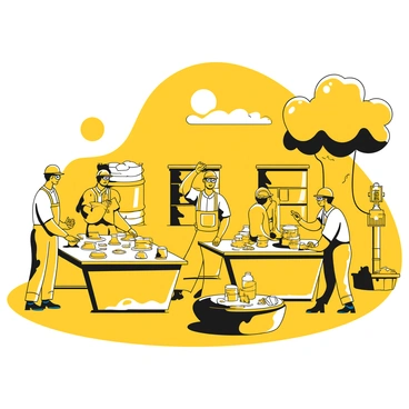 An outdoor factory workshop with several workers engaged in assembling parts. The workers are wearing safety goggles and work gloves. They are standing around large worktables covered with various components, tools, and equipment. The sun is shining brightly, casting shadows on the ground. In the background, there are large containers filled with raw materials and a few trees providing partial shade. The atmosphere shows an industrious workflow with workers collaborating efficiently.