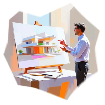 An architecture student with dark hair and glasses stands confidently beside a large illustration board displaying their project. The board is filled with detailed architectural drawings, blueprints, and renderings of a modern building design. The student is wearing a casual yet professional outfit, consisting of a button-up shirt and neatly pressed slacks. They are gesturing towards specific features on the board, engaging with an audience. A few scattered design tools like pencils and a scale ruler are placed on a nearby table, adding to the creative atmosphere.