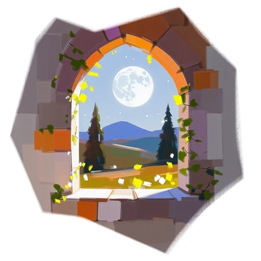 A view from a medieval castle window showcasing a moonlit landscape. The window is arched and made of stone, with ivy creeping along its edges. Outside, a full moon casts a soft silver glow over rolling hills and a dark forest in the distance. Silhouettes of trees stand tall against the night sky, where a few scattered stars twinkle. The scene evokes a sense of calm, with shadows stretching across the land, and a gentle breeze rustling the leaves.