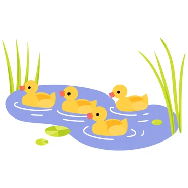 A family of ducks swimming in a clear stream surrounded by reeds
