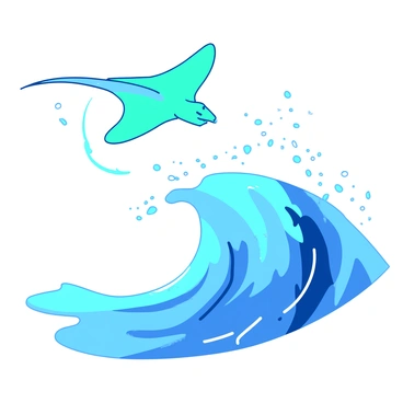 A blue wave is captured in mid-crash, its crest frozen as it tumbles forward. Above the wave, a teal stingray is leaping gracefully, its wings spread wide and glistening in the light. The stingray's body is sleek and streamlined, creating a contrast against the dynamic form of the wave. The water droplets caught in the air around the stingray sparkle like tiny gems, enhancing the sense of motion and energy in the scene.