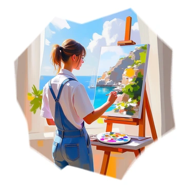 An artist with medium brown hair tied back is standing in front of an easel, painting a vibrant scenic vista of Capri. The easel holds a canvas that captures the iconic cliffs and crystal-clear waters of the island. The artist is wearing a white shirt and denim overalls, with a palette of colorful paints in one hand and a brush in the other. The sun is shining brightly, illuminating the lush greenery surrounding the hilltop. In the distance, sailboats can be seen gently bobbing on the water, while fluffy clouds drift across the blue sky. The scene conveys the artist's deep focus and connection to the beautiful landscape.