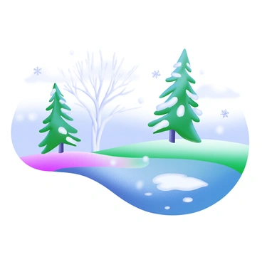 A modern pastel illustration depicting a winter landscape. The scene features tall, snow-covered pine trees with white branches, standing majestically against a light blue sky. In the foreground, a frozen lake reflects the soft colors of the surroundings. There are patches of glistening snow on the lake's surface, and a few small, whimsical snowflakes are gently falling from above. The overall composition captures the tranquility of a winter day.