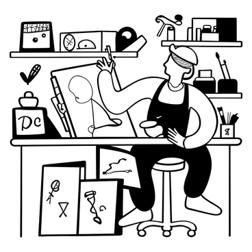 A detailed illustration depicting an artist holding a ballpoint pen, surrounded by various art supplies such as paintbrushes and sketchbooks. The artist is positioned at a drawing table, with sheets of paper showcasing sketches and intricate designs. The backdrop features shelves filled with jars of ink and other tools. The scene conveys the essence of creativity and focus, with the artist's hand poised over a blank canvas ready to create a self-portrait. The entire composition captures the meticulous nature of ballpoint pen artistry, emphasizing lines and shading.